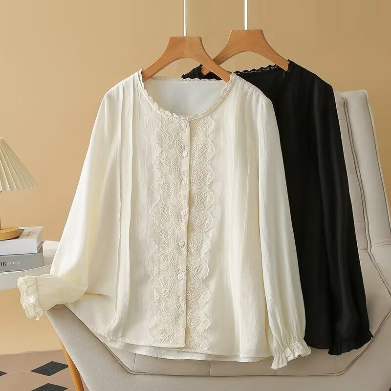 早秋大码休闲衬衫女2024新款胖妹妹时尚洋气蕾丝花边圆领长袖上衣