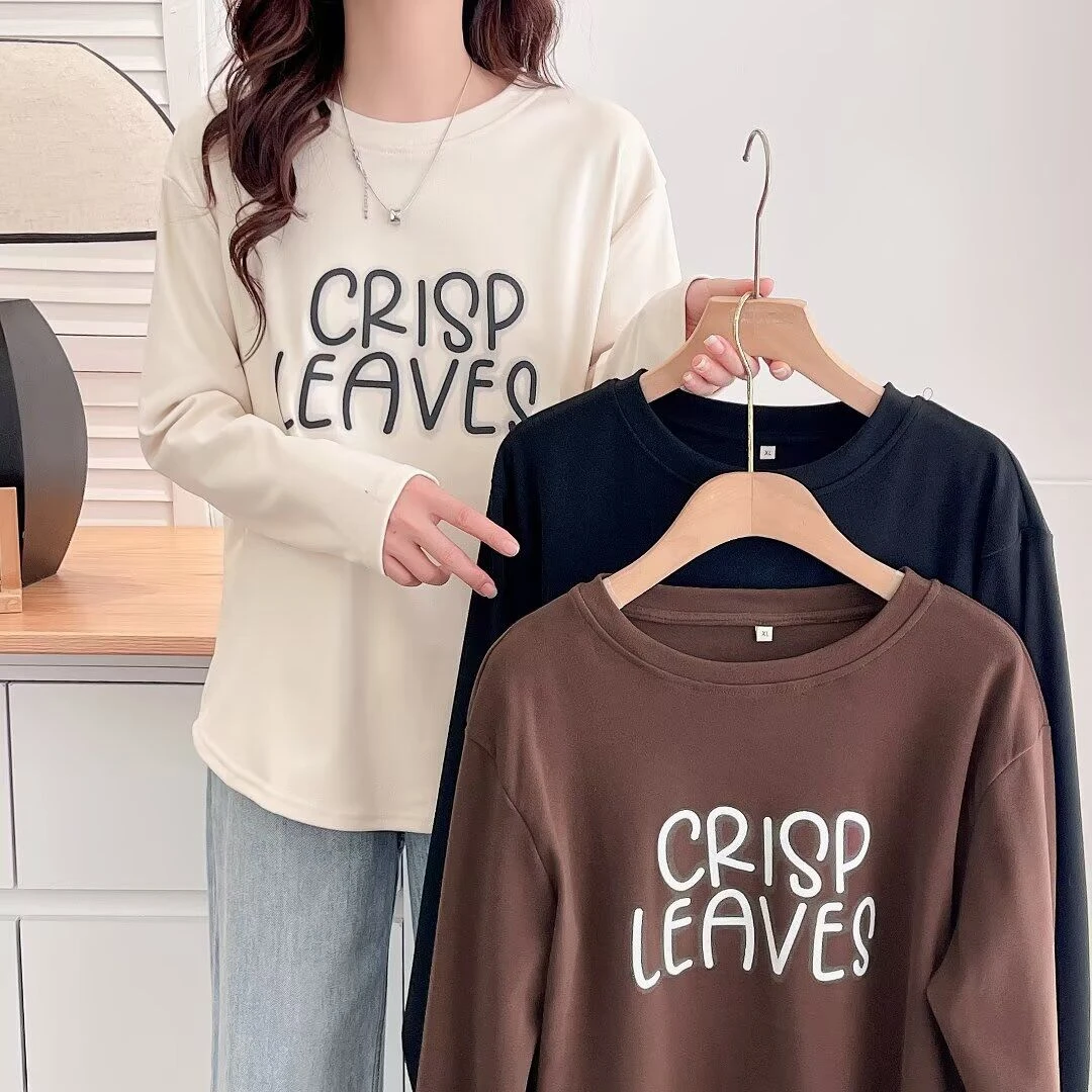 春秋韩版新款时尚打底衫大码200斤胖mm宽松休闲圆领字母长袖T恤