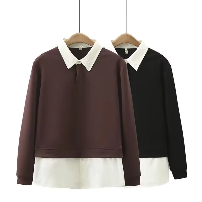 春秋韩版新款女装休闲上衣胖mm设计感衬衫领拼接假两件大码卫衣