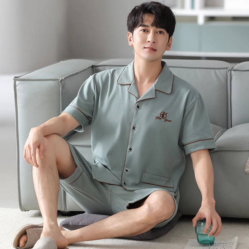 【100%纯棉】夏季男士短袖睡衣套装家居服开衫款短裤薄款透气凉爽