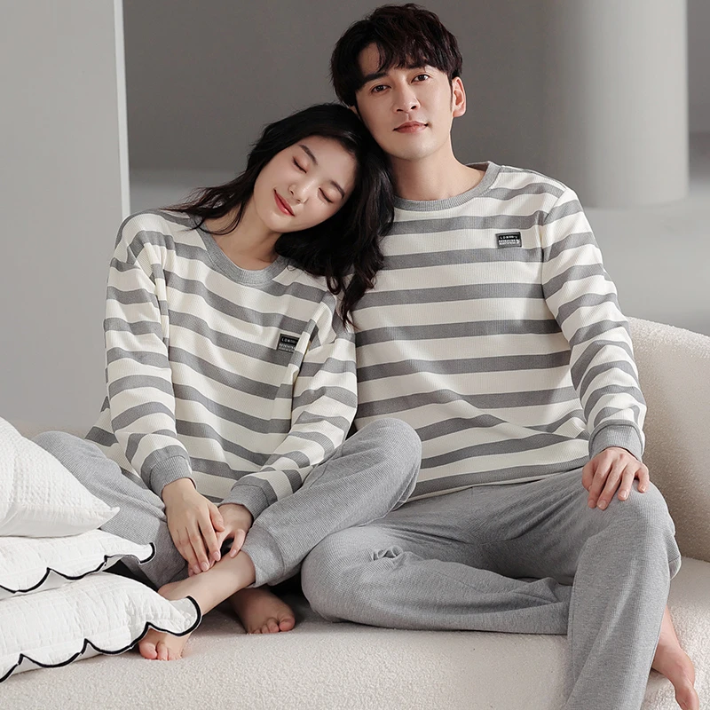 【纯棉】高品质春秋男女长袖情侣睡衣套装家居服圆领套头款全棉睡衣