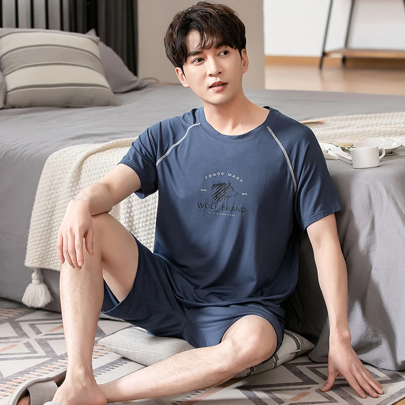 夏季男士短袖睡衣套装家居服薄款莫代尔棉宽松柔软凉爽