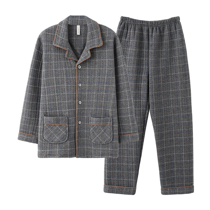 【纯棉加厚】秋冬季长袖夹层棉男款睡衣套装家居服空气棉薄夹棉