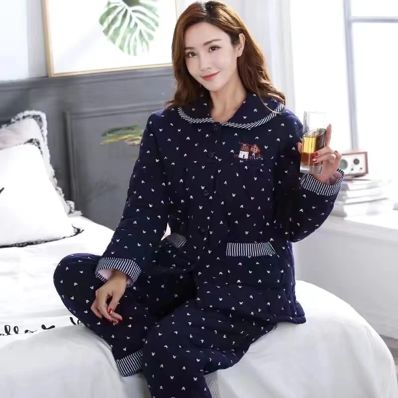 【夹棉棉袄】高品质女士长袖夹棉棉袄睡衣套装家居服纯棉全棉睡衣