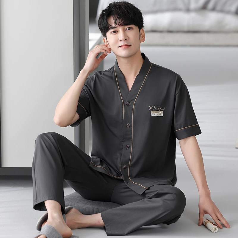 【纯棉】高品质夏季V领男士短袖睡衣套装家居服薄款休闲开衫青年