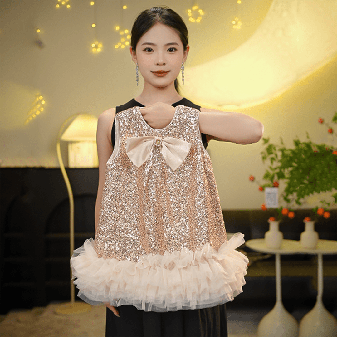 2024年新款夏秋女童时尚蓬蓬裙蝴蝶结卟啉卟啉裙香槟金