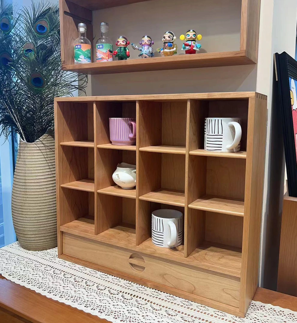 北欧简约原木杯架桌面格子实木收纳置物架陈列卯榫展示装饰多宝格