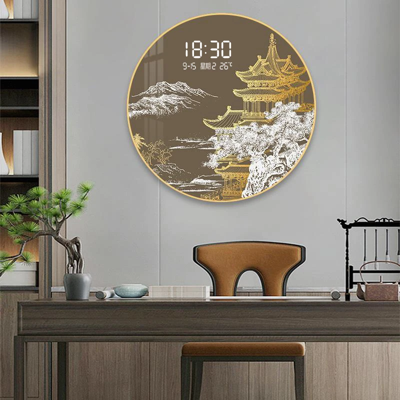 新中式高档数字电子钟表挂钟高级感餐厅挂画带时钟客厅玄关装饰画