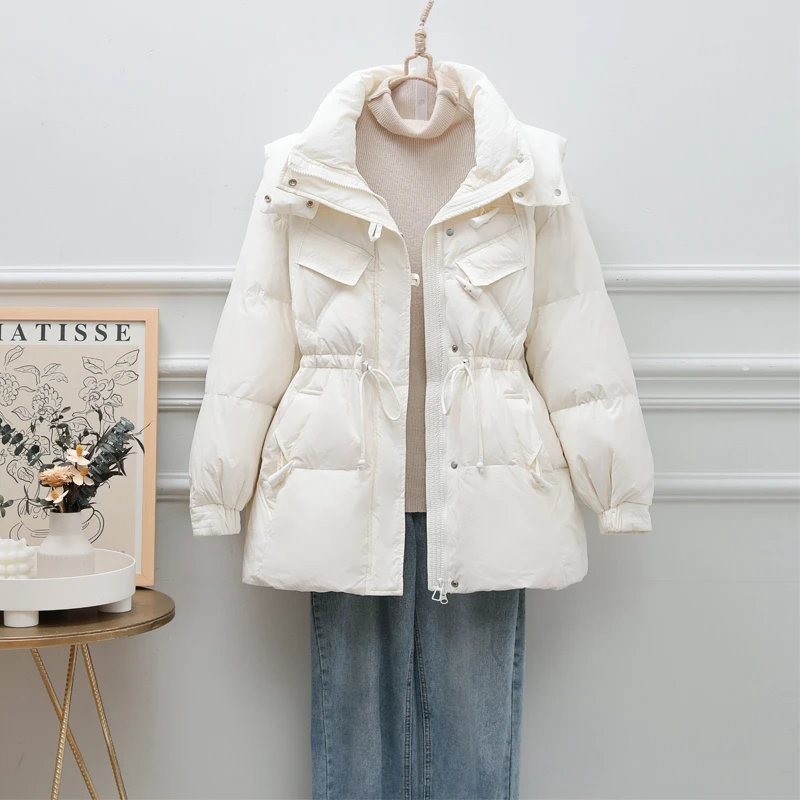 平湖羽绒服2023冬季新款时尚牛角扣女短款显瘦收腰小个子外套潮