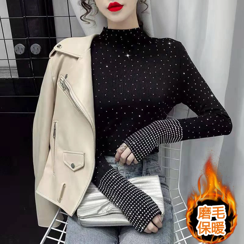 【加绒加厚】满天星亮钻t恤女秋冬加厚重工烫钻上衣洋气打底衫女