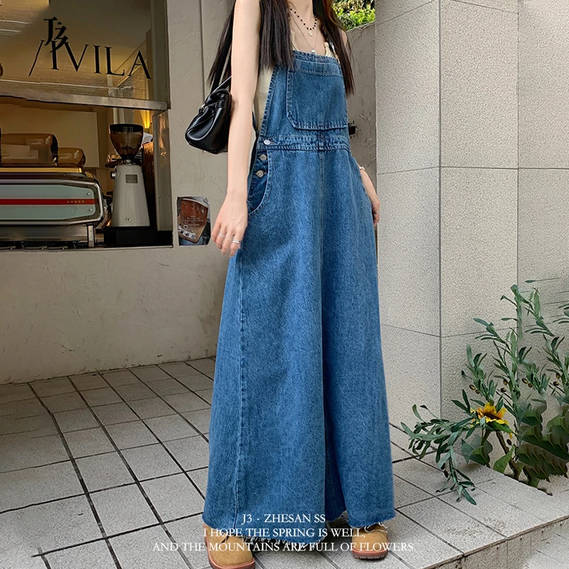【现货】J3嚞叁 时尚百搭连体复古宽松显瘦高腰休闲牛仔背带长裙子