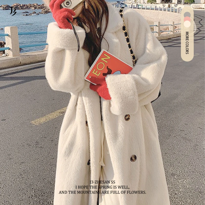 J3嚞叁 秋冬加厚时尚百搭中长款毛呢仿貂绒皮草一体保暖外套大衣