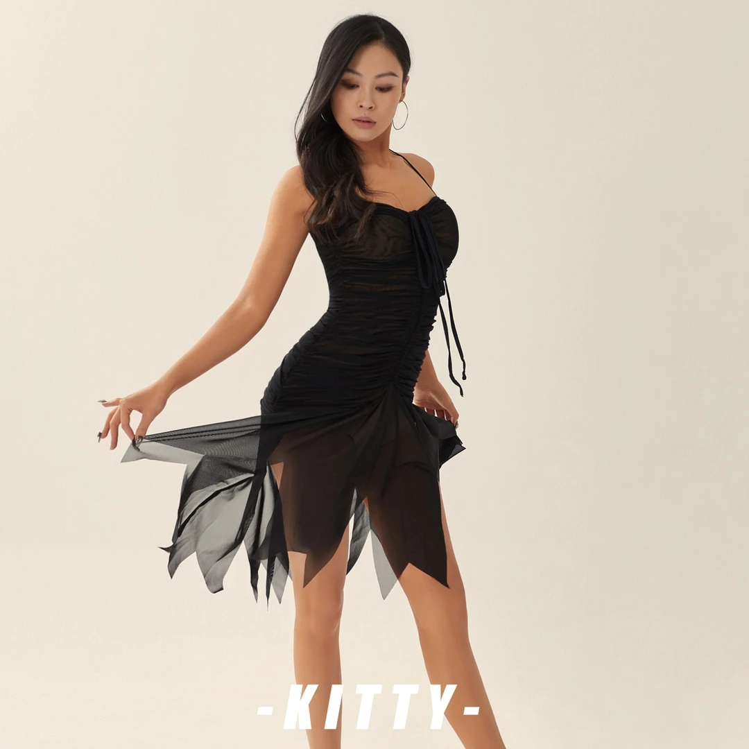 KITTY舞服 /温柔凌波～柔软网纱连衣裙/不规则裙摆 拉丁训练服