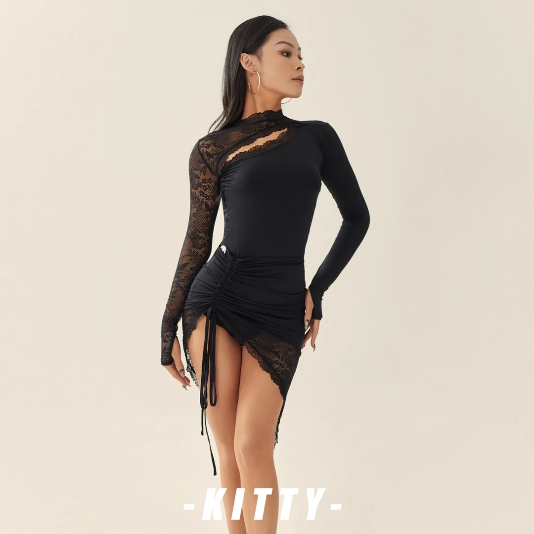 KITTY舞服 / 中式性感～小高领长袖蕾丝上衣  斜边蕾丝裙
