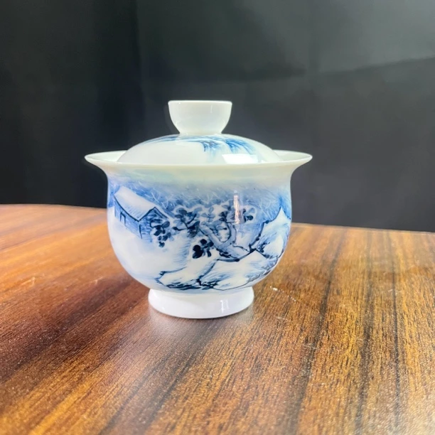 纯手绘雪景图布袋盖碗羊脂玉瓷高温釉下彩薄胎满140ml