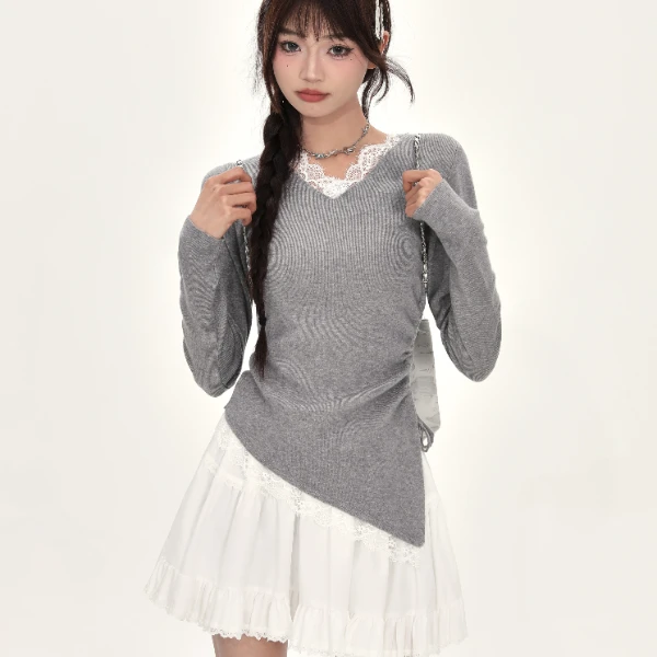 NUZIRO正肩v领长袖蕾丝边修身早秋季新款设计感小众短款打底上衣