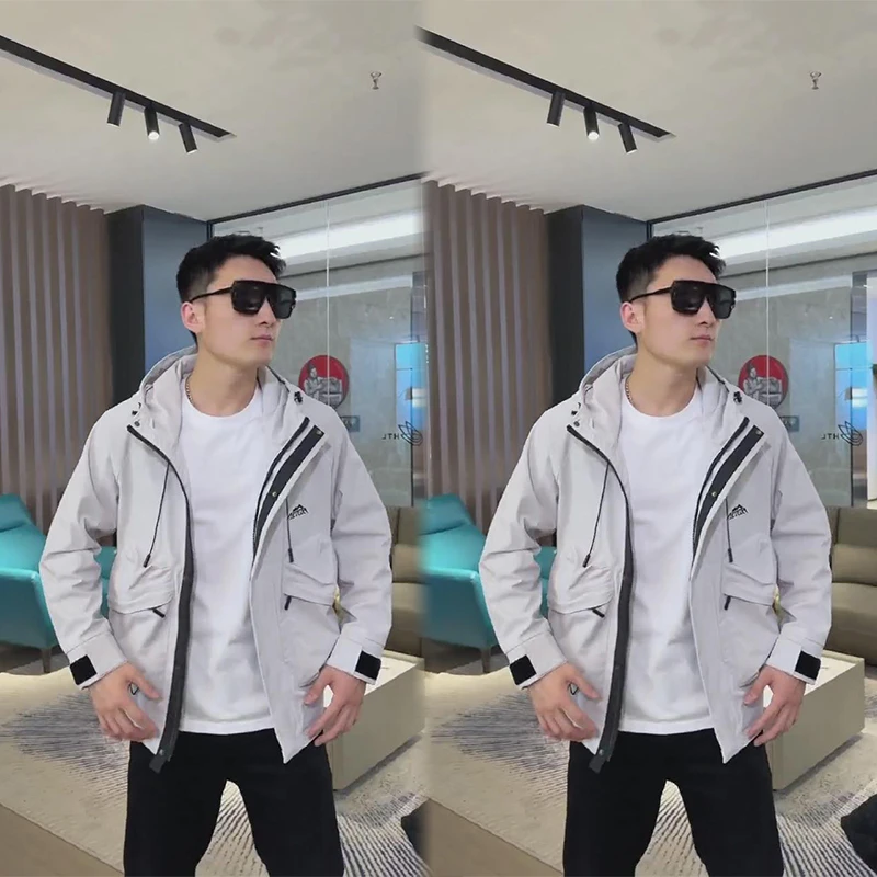 冲锋衣男款2024新款春秋季连帽外套户外工装防风百搭上衣男士夹克