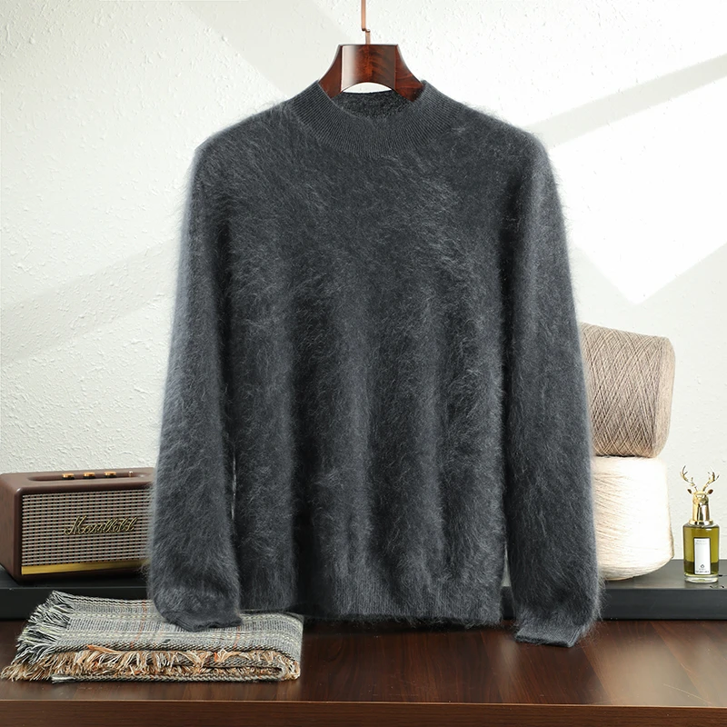 100%山羊绒男半高领毛衣冬季保暖套头宽松拉绒针织衫休闲百搭纯色