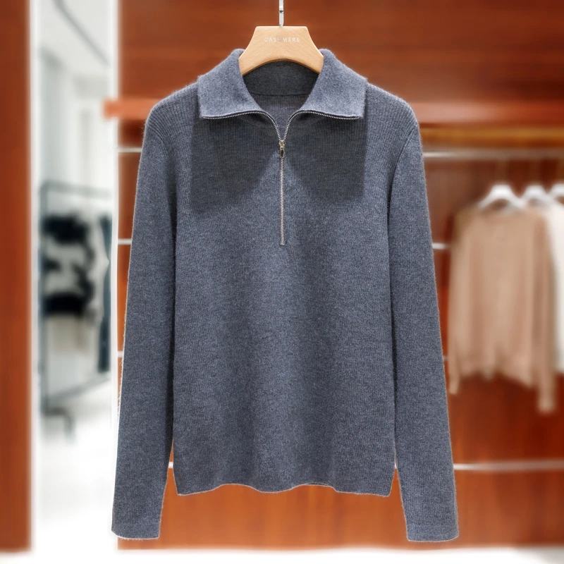 秋冬康赛妮山羊绒高密度抽条半拉链polo领打底衫经典时尚百搭