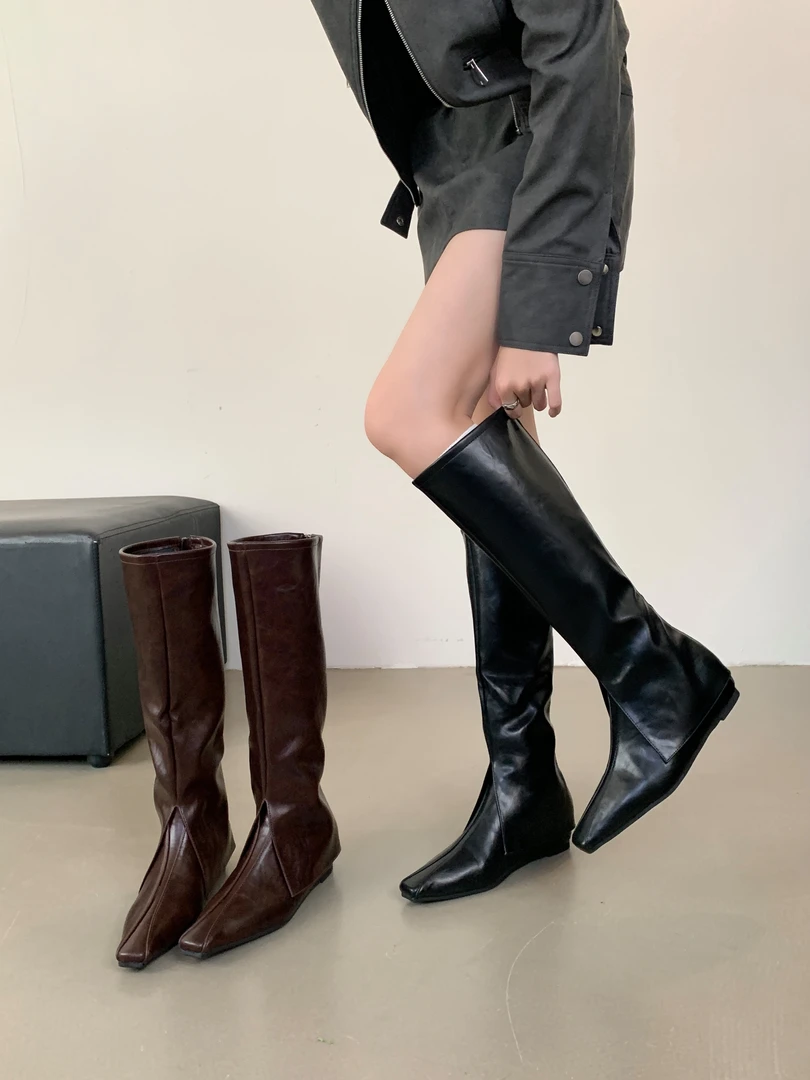 裤管靴不过膝长靴女靴内增高2025秋冬新款方头瘦瘦靴侧拉链时装靴