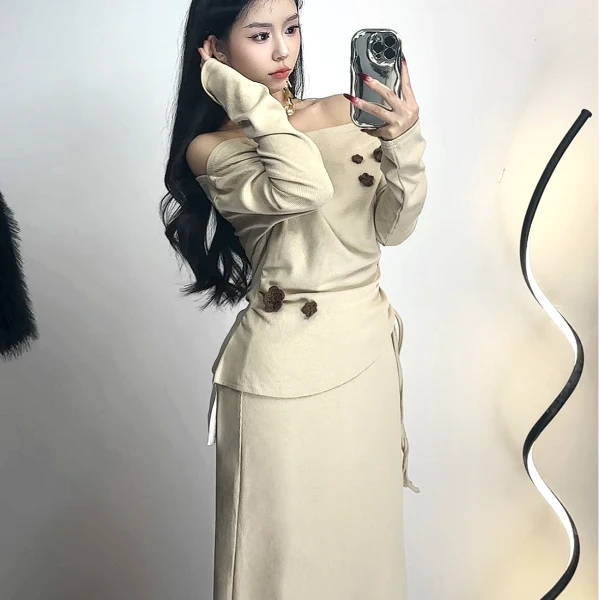 法式立体花朵针织长袖T恤女2024秋季新款气质绑带半身裙两件套装
