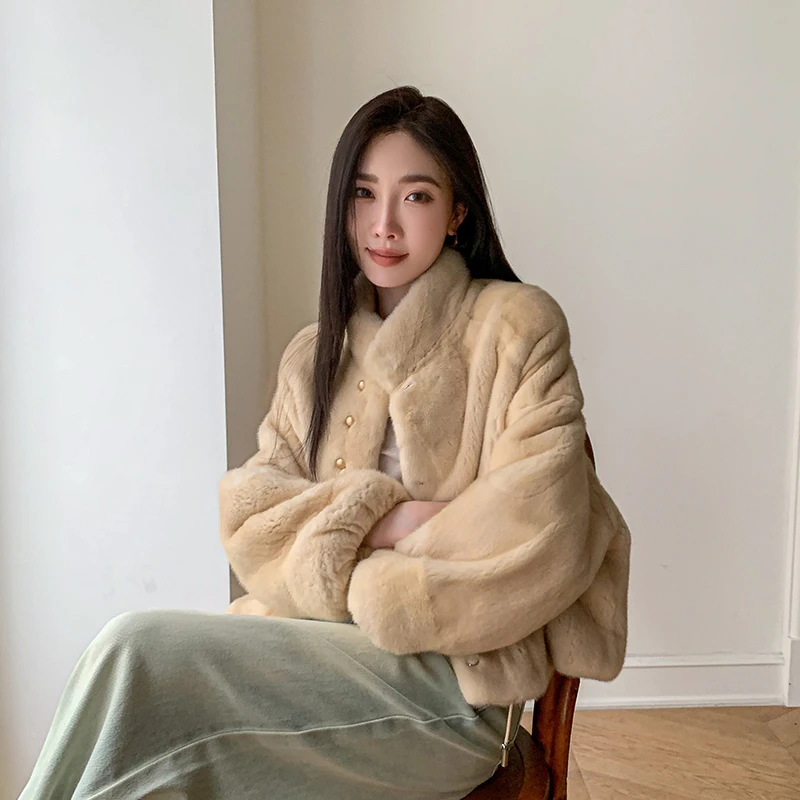 八色可选 进口天鹅绒貂皮大衣女整貂立领洋气短款水貂毛皮草外套