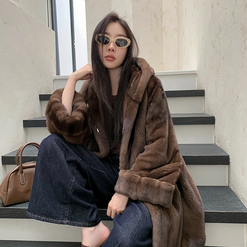 复古南瓜袖进口天鹅绒水貂皮草女中长款貂皮大衣整貂外套连帽宽松