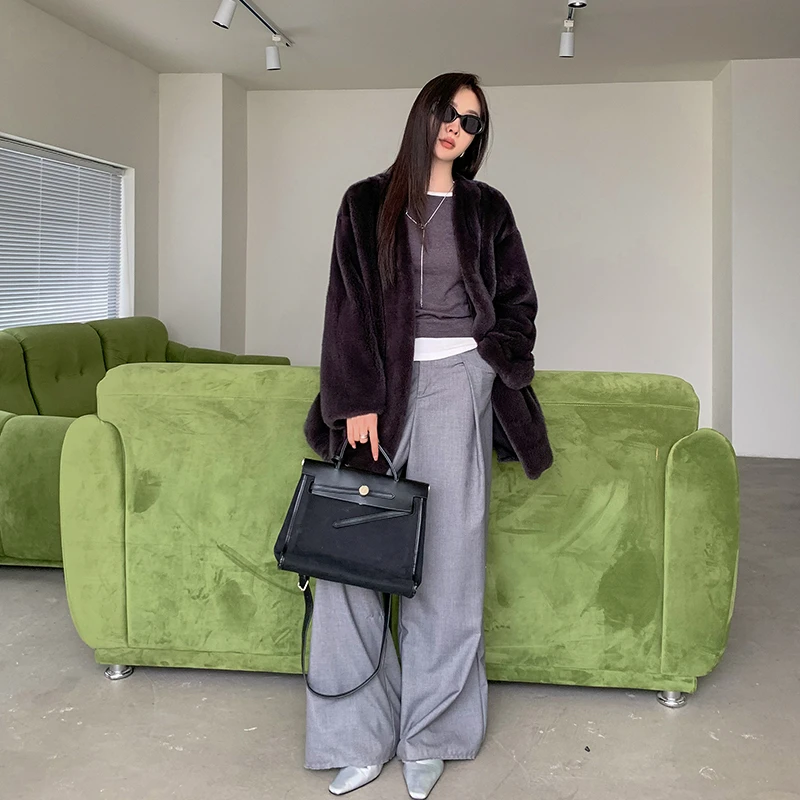 冬季新款格雷系进口貂皮大衣女整貂V领中长款松弛感水貂皮草外套