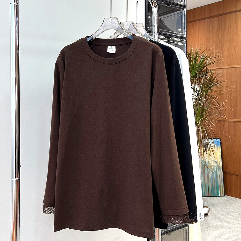 必魅大码中长款上衣遮肉显瘦2024冬季新款蕾丝拼接打底衫44569