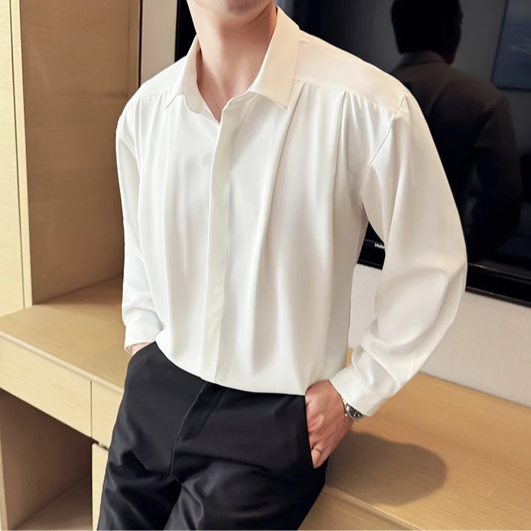 轻熟韩风宽松设计长袖衬衫春秋新款上衣潮流高级垂感纯色免烫衬衣