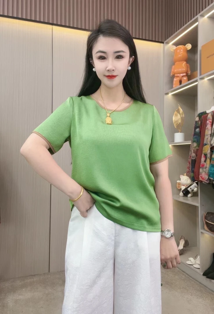 风和日丽春季圆领复古印花款时尚显瘦遮肉洋气气质百搭短袖上衣