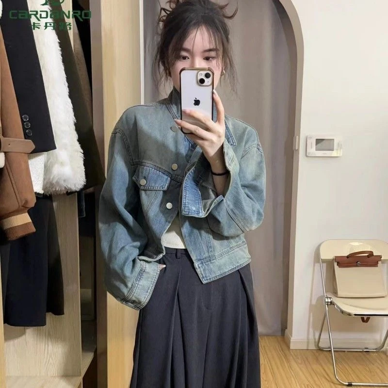 高级感炸街立领牛仔外套女春秋2024新款美式复古小个子上衣减龄