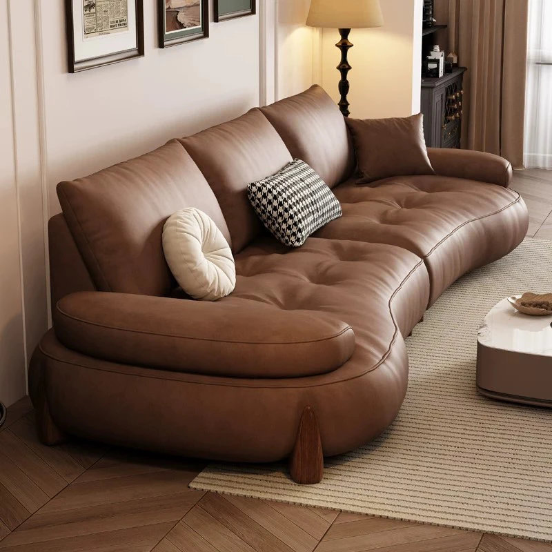 真皮沙发极简弧形家用客厅现代简约小户型异性头层真皮沙发复古风