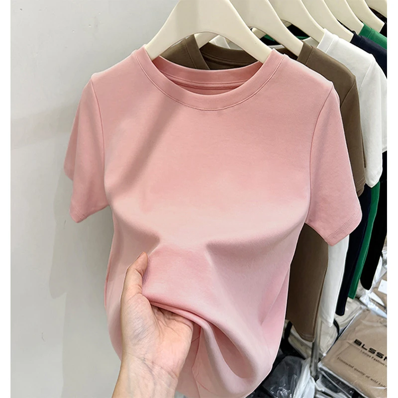 粉色加厚磨毛短袖t恤女2025新款圆领洋气上衣网红打底衫春夏秋冬