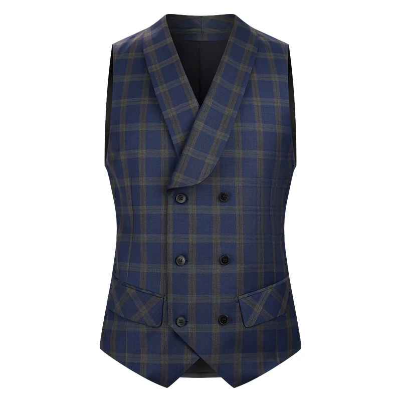 本派男士「蓝色格纹西背」意大利青果领双排扣修身西装马甲