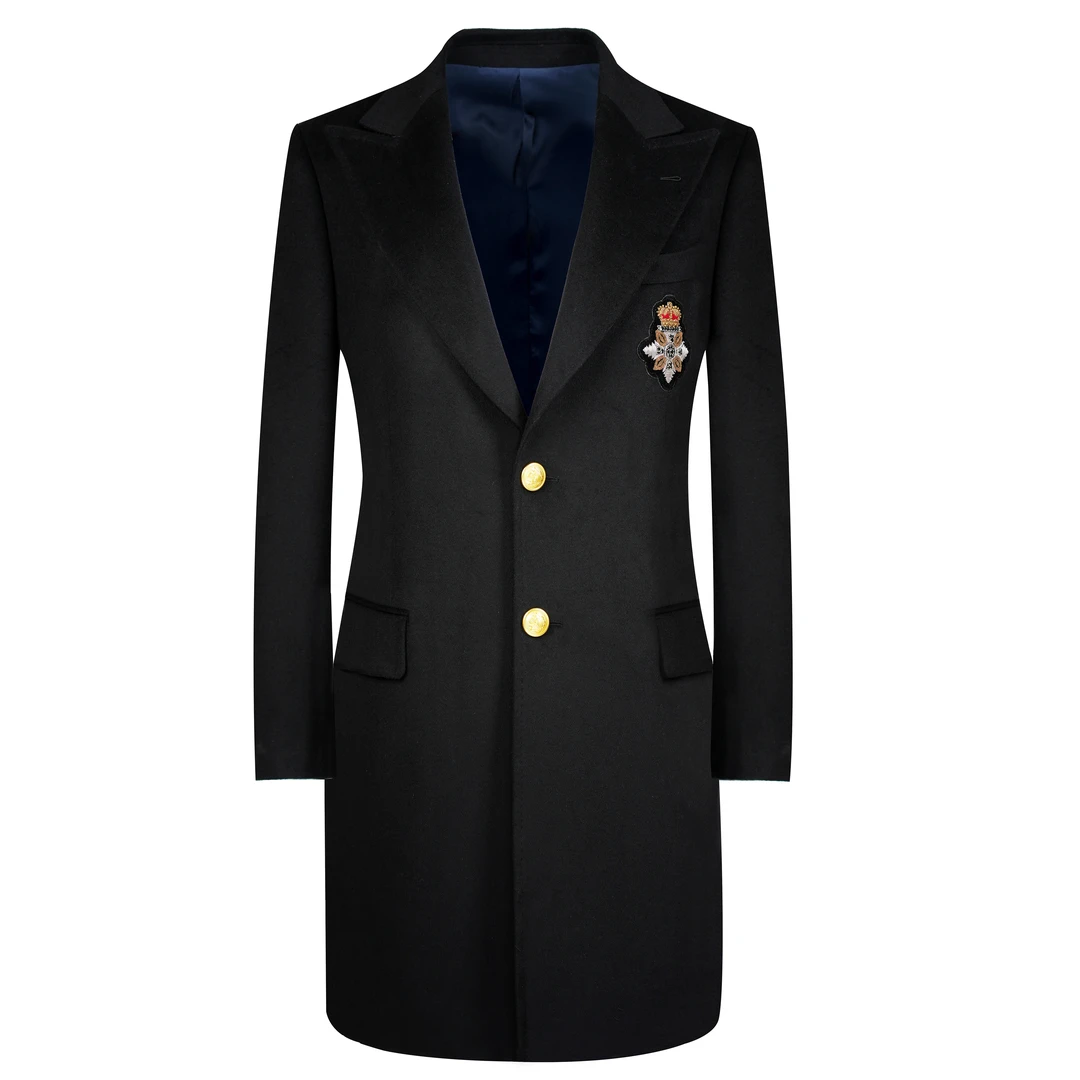 【本派】意大利风格羊毛商务休闲修身金扣黑色手工毛呢大衣男中长款