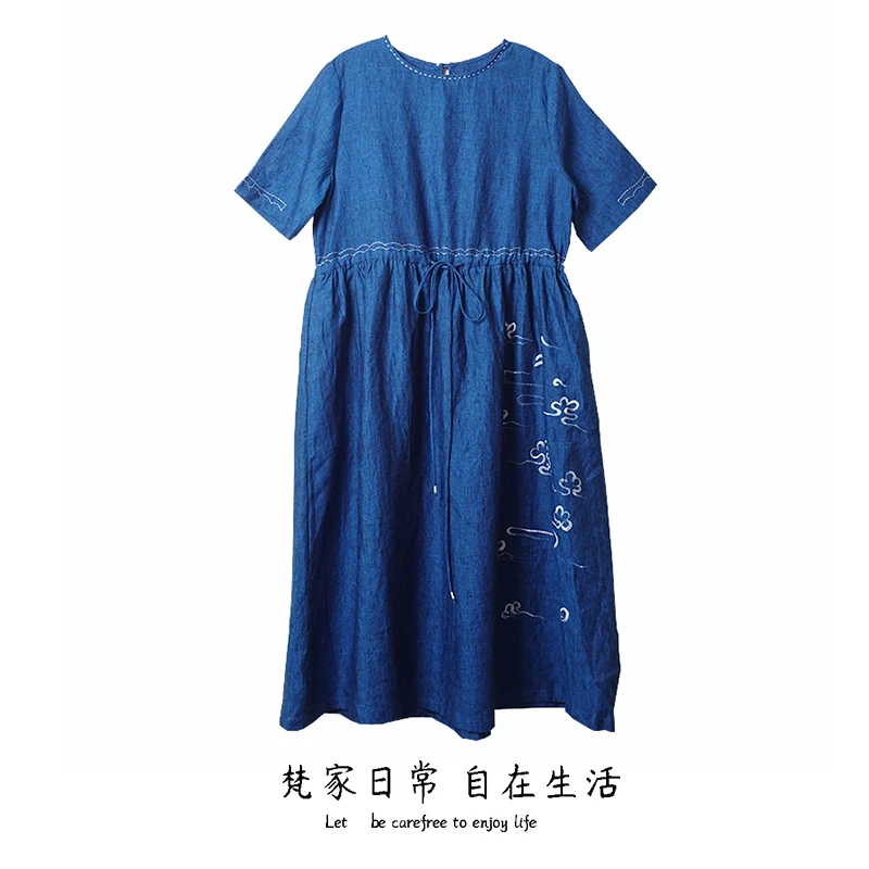 梵家原创手绘女士夏装新品文艺休闲短袖连衣裙绣花中长款