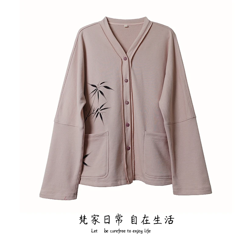 梵家原创手绘 春秋装女士新款潜粉色V领宽松针织开衫外套文艺