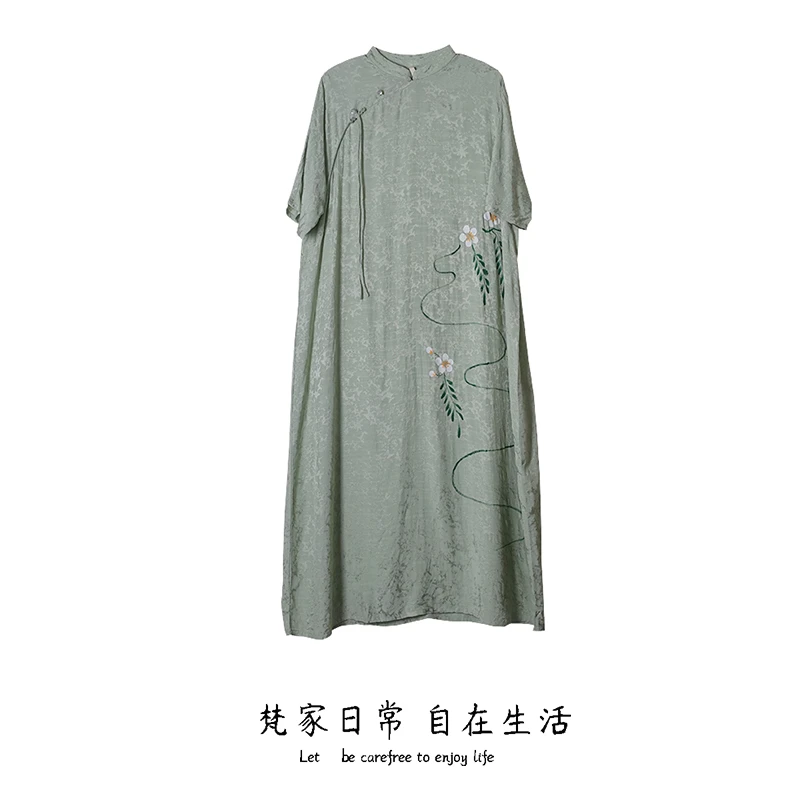 春夏装新款复古中式改良款短袖旗袍长裙A字版型宽松随性显瘦