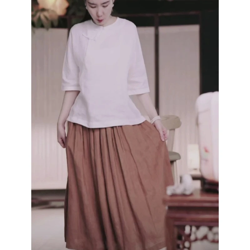 新款女装松紧腰大摆裙复古文艺夏季休闲半身裙百褶裙过膝中长款