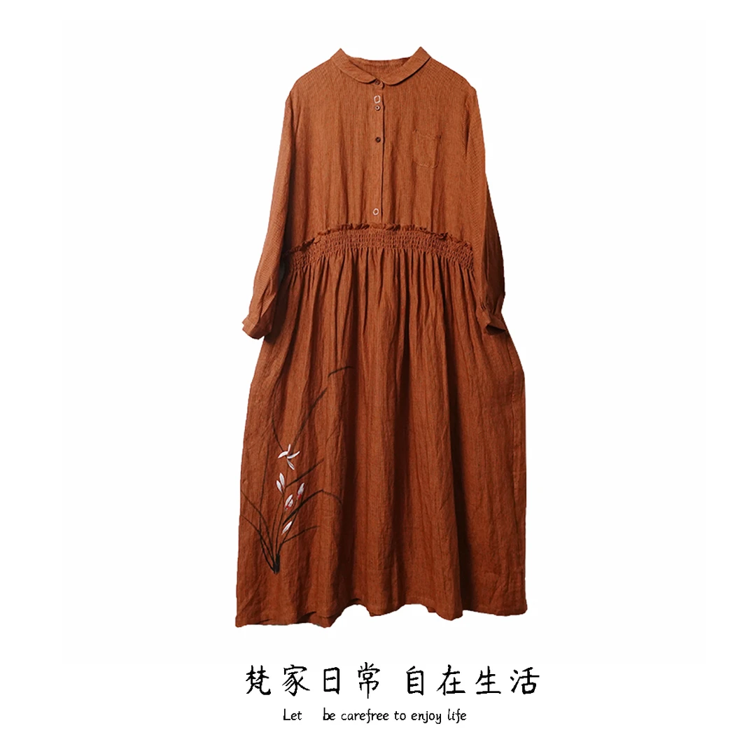 春秋装女士新款色织亚麻长袖连衣裙小众设计感长裙大摆裙长裙