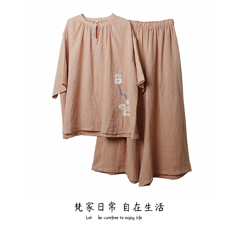 新品女装春夏款新中式时尚套装宽松休闲罩衫衬衣松紧腰阔脚裤