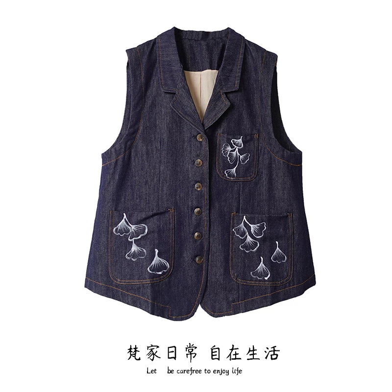 山岚2024年春夏季新品女装牛仔无袖上衣文艺帅气百搭马甲背心手绘