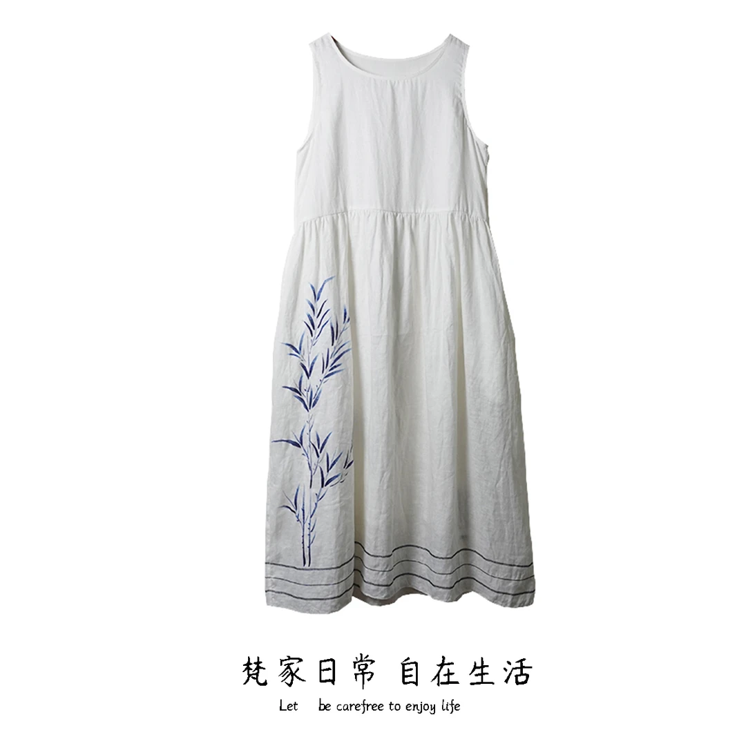 新款夏装女士无袖圆领连衣裙白色百搭休闲背心裙有里衬不透