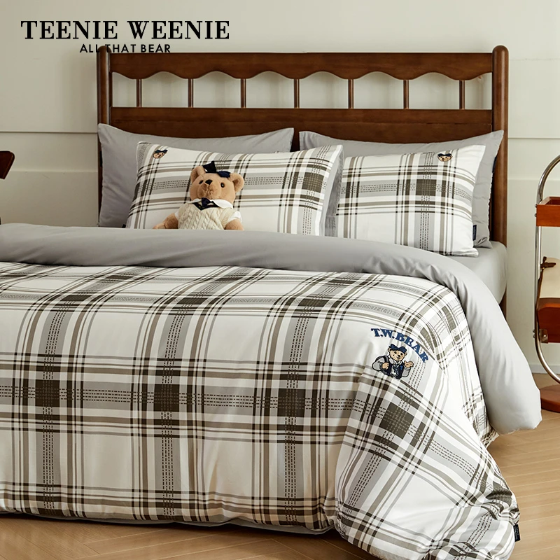 TeenieWeenie小熊格子全棉床品卡通刺绣套件单人学生宿舍三件套