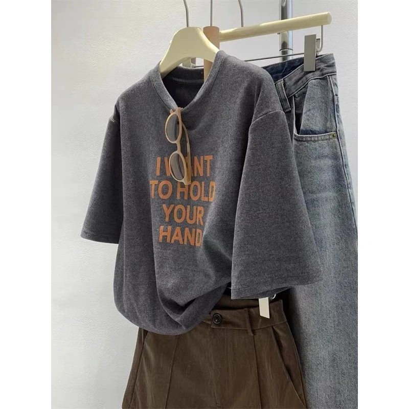 大码300斤磨毛厚款字母短袖T恤女慵懒风2024新款套头上衣打底胖mm