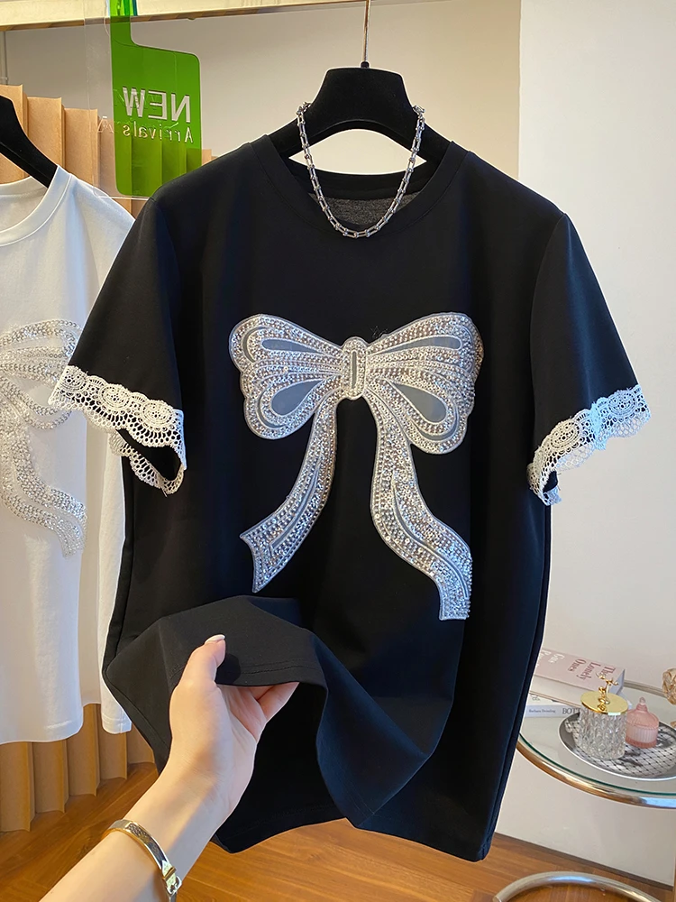 大码设计感蕾丝拼接短袖T恤女夏季刺绣钉珠小众宽松洋气上衣