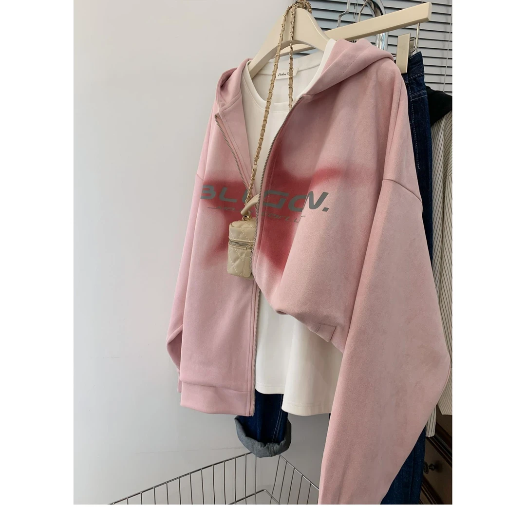 大码女装秋季2023新款开衫连帽卫衣女美式复古胖妹妹宽松休闲外套