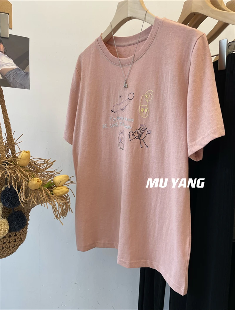 胖mm大码纯棉印花短袖T恤女夏季宽松休闲圆领小众减龄上衣