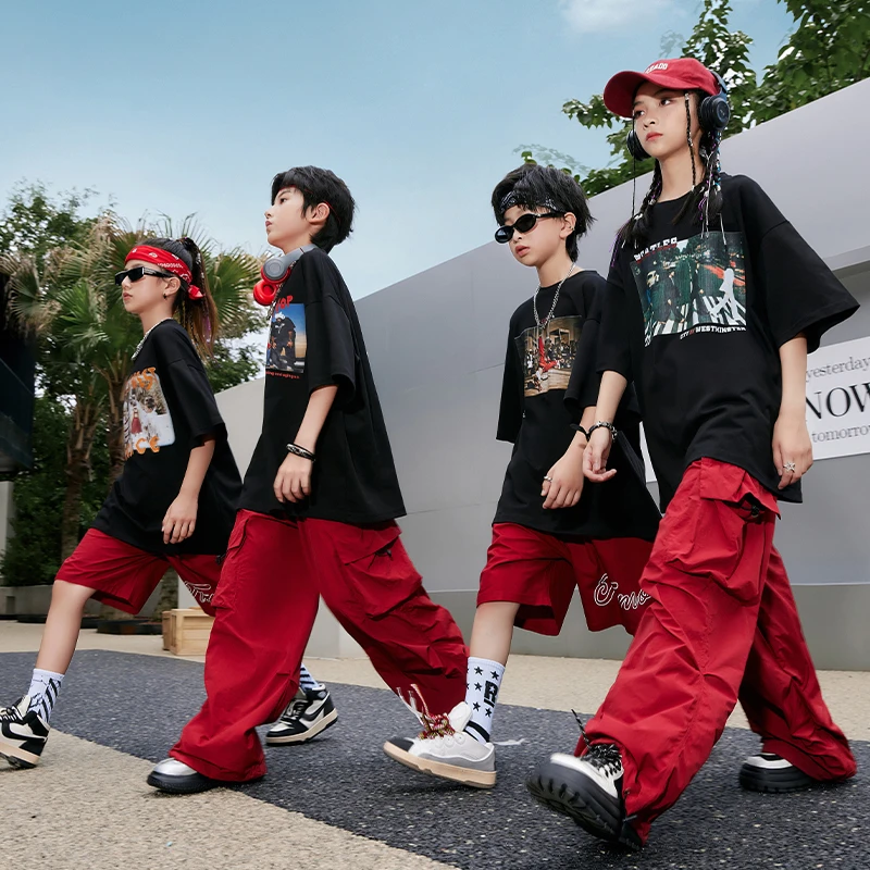 儿童演出服嘻哈男童街舞潮服酷上衣架子鼓hiphop女童炸街印花短袖